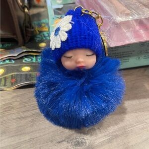 Sweet, Soft, Cute, Blue Fluffy Pom Pom Sleeping Baby Bag Charm/Keychain